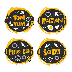 Ramen. Tom Yum. Pho Bo. Soba vector hand drawn illustration. Traditional japanese dish sticker with stylized lettering. Pan with noodles and vegetables. Restaurant menu, poster design element
