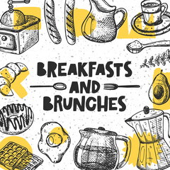 Breakfast and brunches hand drawn illustration with typography. Grunge style pan with vaffles, egg, coffee, croissant, donut. Colored lettering card. Cafe, restaurant menu poster design element.