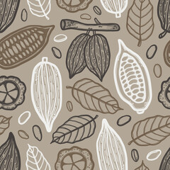 Hand drawn chocolate cocoa beans tree vector seamless pattern. Vintage stylized theobroma engraved drawing of leaves on white background. Engraved medical herbs. Wrapping paper, wallpaper