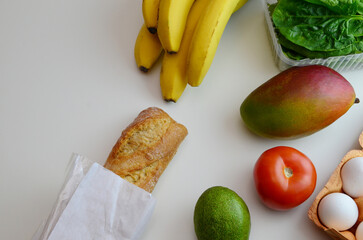 Healthy food background. Healthy food vegetables and fruits on white, copy space, banner. Shopping food supermarket and clean eating concept. delivery of products when ordering online