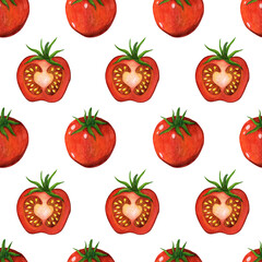 Ripe watercolor tomatoes seamless pattern. Hand drawn illustration on white background. Vegetables whole and half. Juicy red garden products, cherry. Backdrop for menu, cafe, market, web