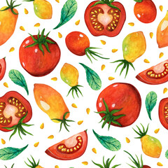 Ripe tomatoes seamless watercolor pattern. Hand drawn illustration on white background. Red, yellow vegetables with fresh basil leaves. Whole garden products, halves, slices