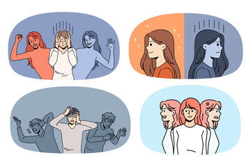 Set of diverse men and women struggle with bipolar disorder need help. Collection of people have different emotions suffer from mental psychological health problems. Vector illustration.  - obrazy, fototapety, plakaty