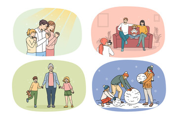 Set of happy young parents with small children daily life. Collection of smiling family with kids everyday activities, spending time playing together. Parenthood concept. Vector illustration. 