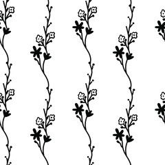 Seamless black and white vector pattern for Easter with flowers. Repeating ornament on transparent background in doodle style. Design for wrapping paper, fabric, packaging, textiles, wallpaper.  
