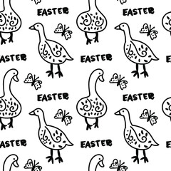 Seamless black and white vector pattern for Easter with geese. Repetitive ornament on transparent background in doodle style. Design for wrapping paper, fabric, packaging, textiles, wallpaper.  