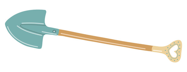 Vector isolated element. Garden shovel. Garden tools. Gardening. Springtime. Color image on a white background. The print is used for packaging design.