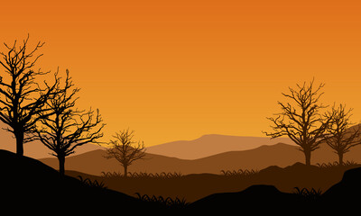 Fototapeta na wymiar Mountain view with realistic dry tree silhouette from outside in the heat of the morning