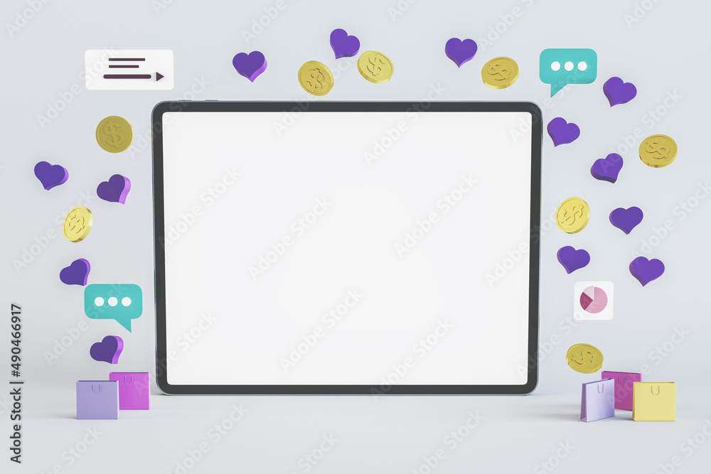 Poster close up of empty white mock up pad screen with online shopping icons. ecommerce and buy concept. 3d