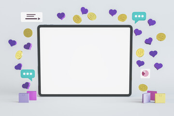 Close up of empty white mock up pad screen with online shopping icons. Ecommerce and buy concept. 3D Rendering.