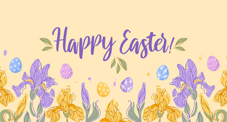 Horizontal border of iris flowers. Irises and chocolate colorful eggs. Delicate spring flowers. Botanical illustration for banners, printing on fabric, frame, website, flyer.