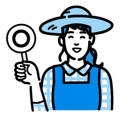 マルの札を持って笑顔の麦わら帽をかぶった農家の女性
