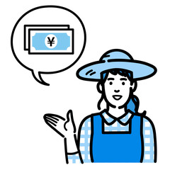 お金の説明をしている麦わら帽をかぶった農家の女性
