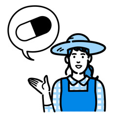 薬の説明をしている麦わら帽をかぶった農家の女性
