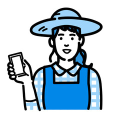 スマートフォンを持っている麦わら帽をかぶった農家の女性
