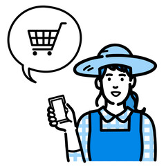 スマートフォンを持ってショッピングの説明をしている麦わら帽をかぶった農家の女性
