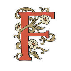 Letter F Drop Cap. Vector hand-drawing letter. Fabulous ornament with a flowers. Black outline. Color illustration