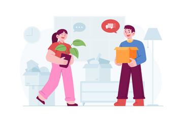 We Have Moved concept vector Illustration idea for landing page template, Family moving, home arrangement, direction for together in home relocation process, Hand drawn Flat Style