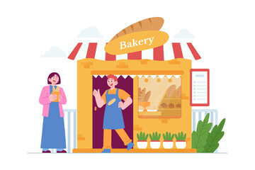 Local Store concept vector Illustration idea for landing page template, Small business with bakery storefront, open place with happy customer, shop front view, retail owner, Hand drawn Flat Style