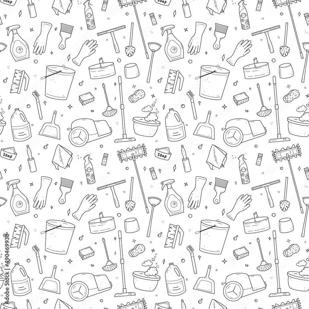 Wall mural hand drawn seamless pattern of cleaning equipment, agent, mop, sponge, vacuum, spray, broom,rubber g