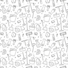 Hand drawn seamless pattern of cleaning equipment, agent, mop, sponge, vacuum, spray, broom,rubber glooves. Spring clean chores elements in doodle sketch style. Vector background, wallpaper, backdrop