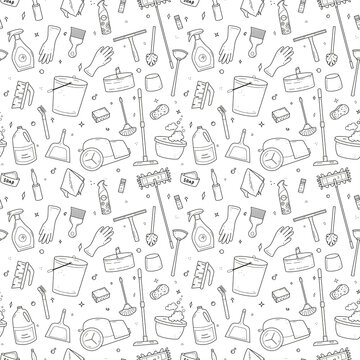 Hand drawn seamless pattern of cleaning equipment, agent, mop, sponge, vacuum, spray, broom,rubber glooves. Spring clean chores elements in doodle sketch style. Vector background, wallpaper, backdrop