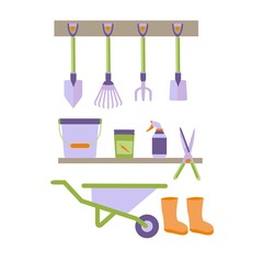 A set of various tools for the garden and cottages: rakes, shovels, bucket, scissors, seeds, wheelbarrow, rubber boots. Bright illustration isolated on white background