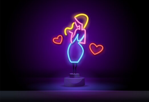 neon beautiful girl. Glowing neon inscription with girl in love on dark background. Can be used for beauty salons, advertisement, outdoor signs