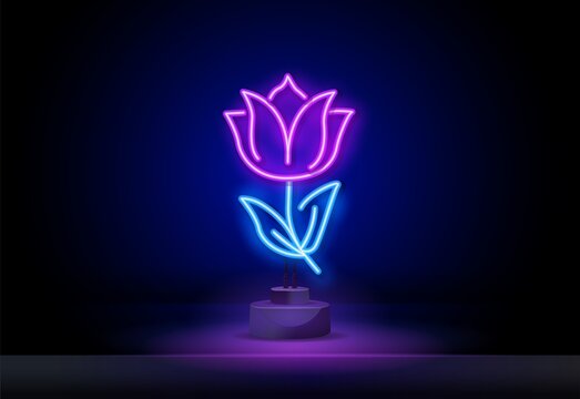 Neon Lotus Flower. Hibiscus flowers neon sign. Summer and vacation design. Night bright neon sign, colorful billboard, light banner. Vector illustration in neon style.