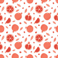 Red Garnet Seamless Pattern. Half, Slice and Whole Pomegranate Background. Hand Drawn fresh fruit ornament for wallpaper, textile, wrapping paper, menu, Juice package and interior design