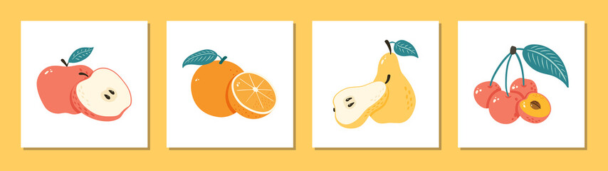 Set of Doodle Fruit Prints. Hand Drawn Sweet Harvest illustrations for poster, banner, background, market label, logo, sticker, postcard, menu, food package design and decoration