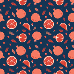 Pomegranate seamless pattern with seeds and leaves on blue background. Hand drawn Garnet ornament. Red tropical fruit texture for print, wallpaper cover, textile, juice package and interior design