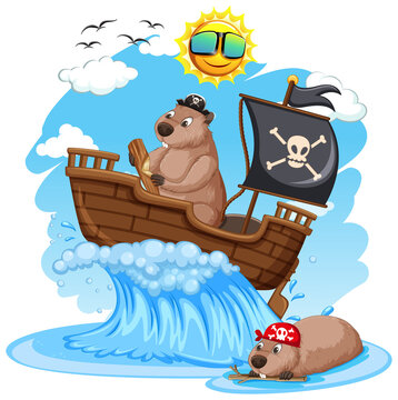 Beavers on pirate ship with ocean wave