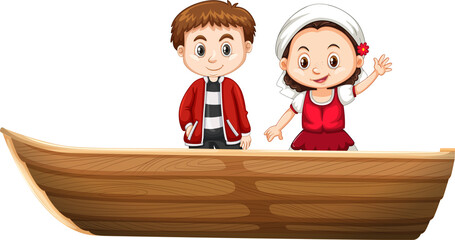 Christmas Boy and girl standing on a boat on a white background