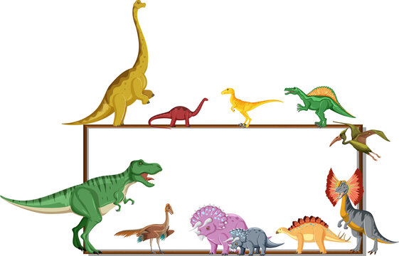 Group of dinosaurs around board on white background