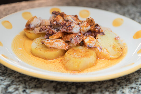 Close Up On Pulpo Gallego, Or Galician-style Octopus, Which Is A Popular Tapa (appetizer) Served All Over Spain. No People Are Visible.