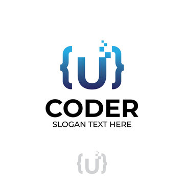 Digital code logo with letter U design, coding illustration with pixel illustration design concepts