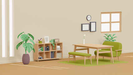 3Dイラストレーションで構成されたリビングルームのイメージ。