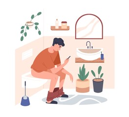 Person sitting in home toilet, using mobile phone. Man with smartphone on lavatory seat with pants down. Young guy with cellphone in restroom. Flat vector illustration isolated on white background