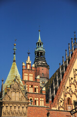 Fototapeta na wymiar Architectural Details of the Town hall (Stary Ratusz) on Market square in Wroclaw Old Town.