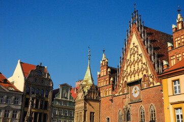 Architectural Details of the Town hall (Stary Ratusz) on Market square in Wroclaw Old Town.