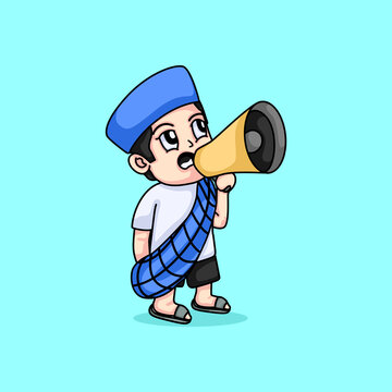 Cute Muslim Boy Holding Microphone To Wake People Up For Sahur Illustration