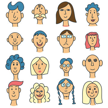 Set male and female characters doodle style. Profile people hand drawn collection. Colored avatars isolated vector illustration