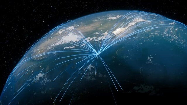 Earth in Space. Blue Lines connect Taipei, Taiwan with Cities across the World. Worldwide Travel or Communication Concept.