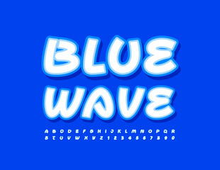 Vector trendy template Blue Wave. Handwritten Alphabet Letters and Numbers set. Stylish Sticker Font
