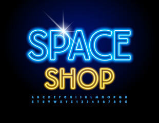 Obraz premium Vector glowing Logo Space Shop. Illuminated Font. Electric Blue Alphabet Letters and Numbers