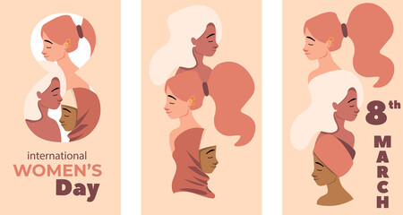 Female diversity International Women’s Day Design Concept. Vector template of female diverse faces of different ethnicity. Union of feminist or sisterhood illustration.