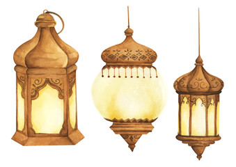 Set of traditional arabian lanterns. Isolated on white background. Watercolor illustration. © Khaneeros