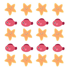 Obraz premium Underwater world with fish, stingrays, dolphins, octopuses and whales. Vector cute illustration of the ocean or sea. A set of marine and ocean underwater animals