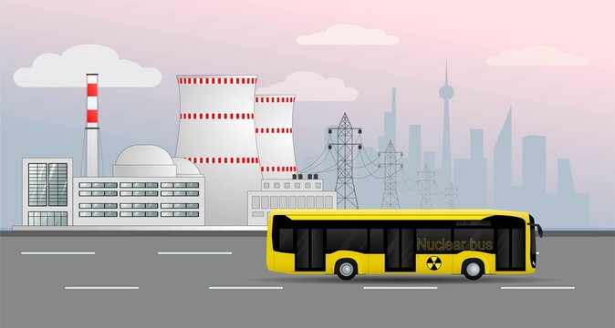 A low-floor yellow bus running on diesel fuel against the backdrop of a nuclear power plant.